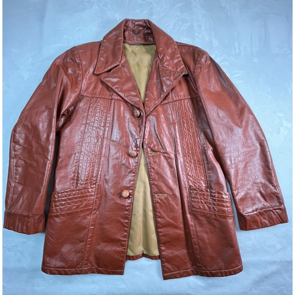 VTG 70s Mens Leather Jacket‎ 42 Cognac Sportcoat Blazer FLAW